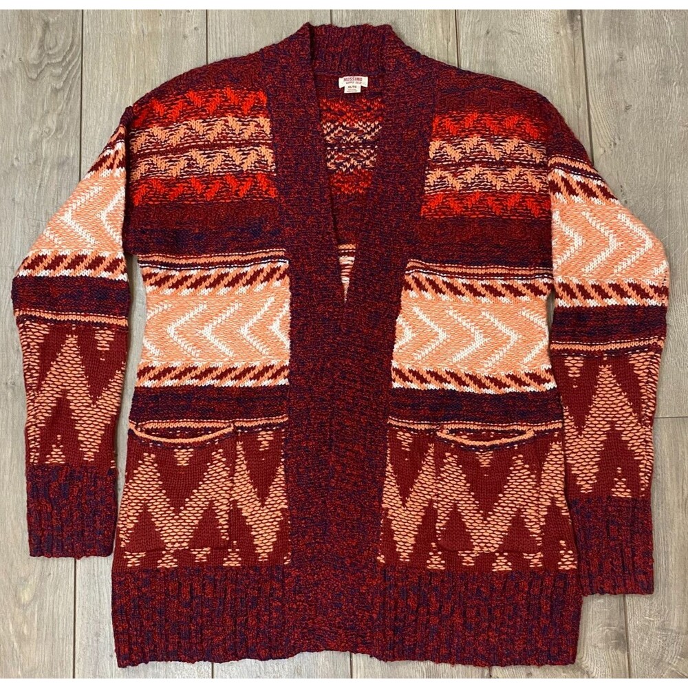 Mossimo Supply Long Sleeve Tribal Knit Open Cardigan Sweater Orange Red Blue XL